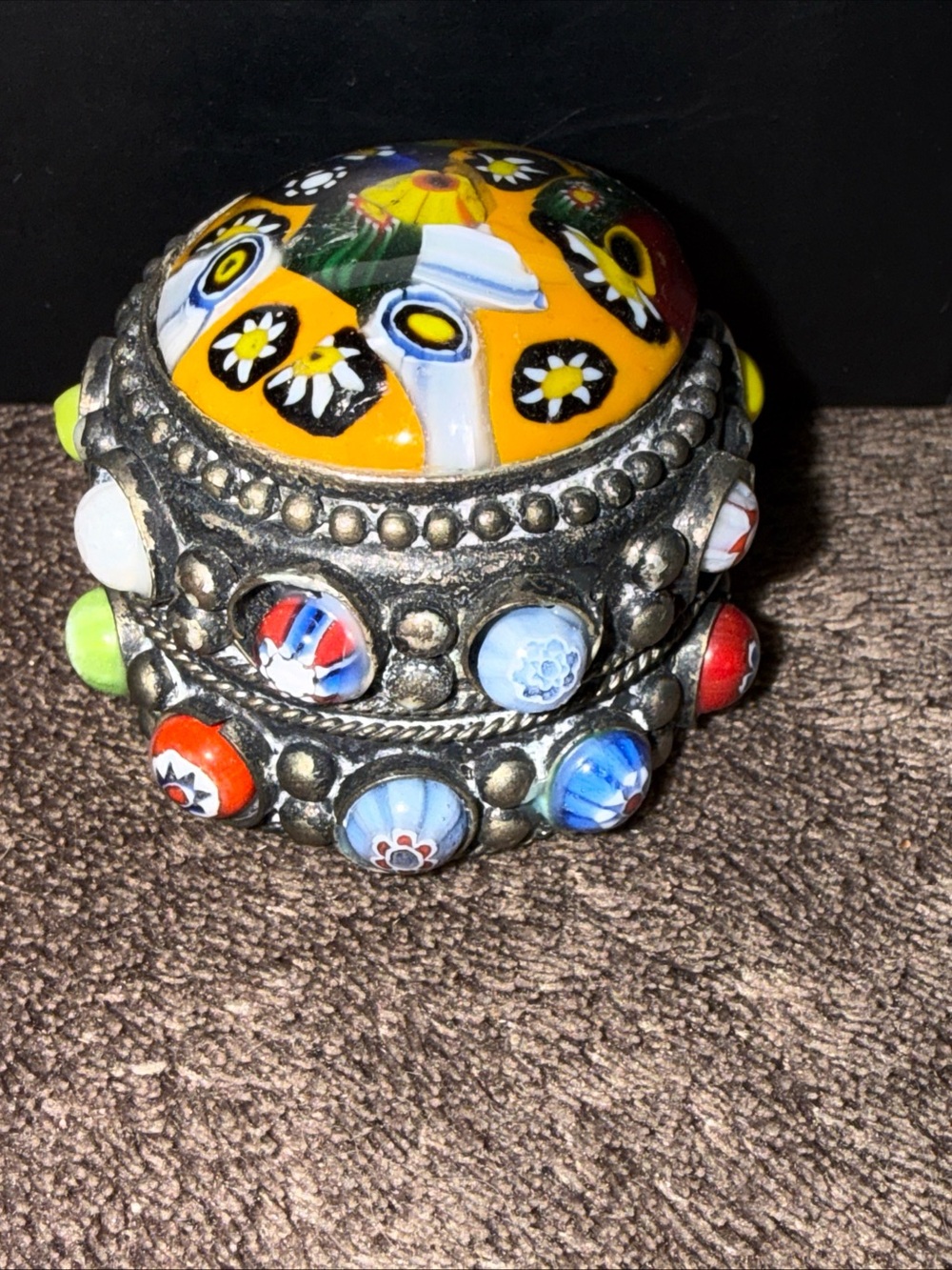 Bill box Millefiori Glass Trinket Box -Metal vintage
